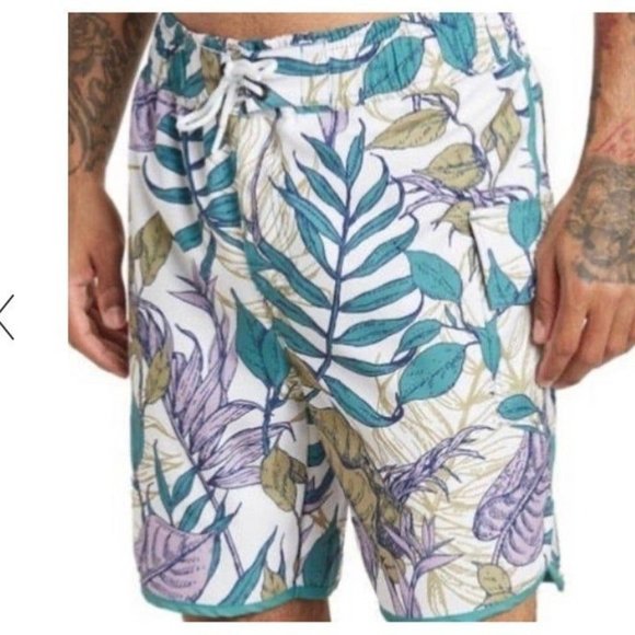 Sovereign Code NWT Sz L Botanical/Ecru Joyride Tropical Drawstring Swim Trunks - Picture 5 of 5